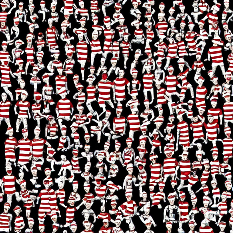 Repeated "Where's Waldo?" characters in chaotic poses on black background