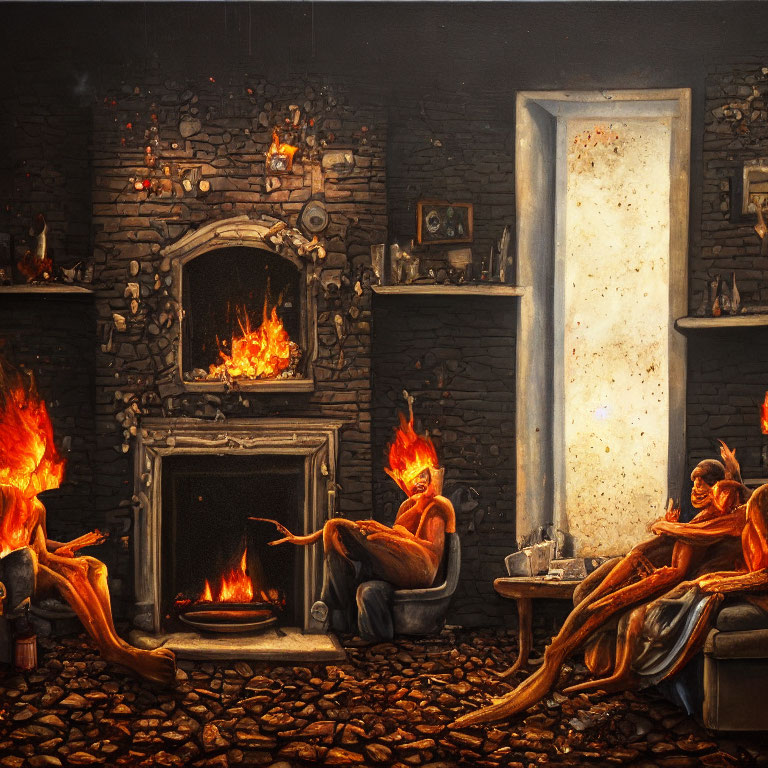 Surreal artwork of figures with flames for heads in a cozy room