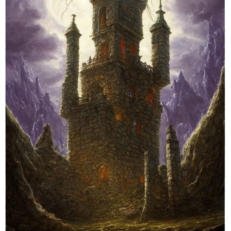 Stone tower surrounded by mountains under purple sky with glowing windows