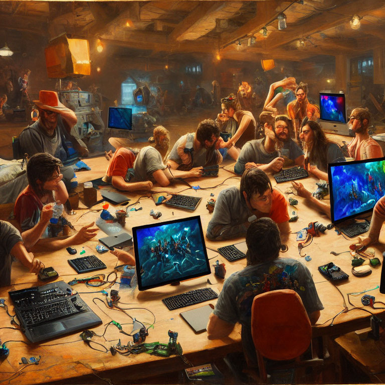 Crowded room with people gaming and chatting around computers in warm light