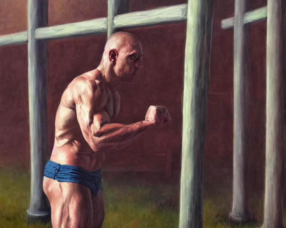 Bald Muscular Man in Blue Shorts Flexing by Three Crosses