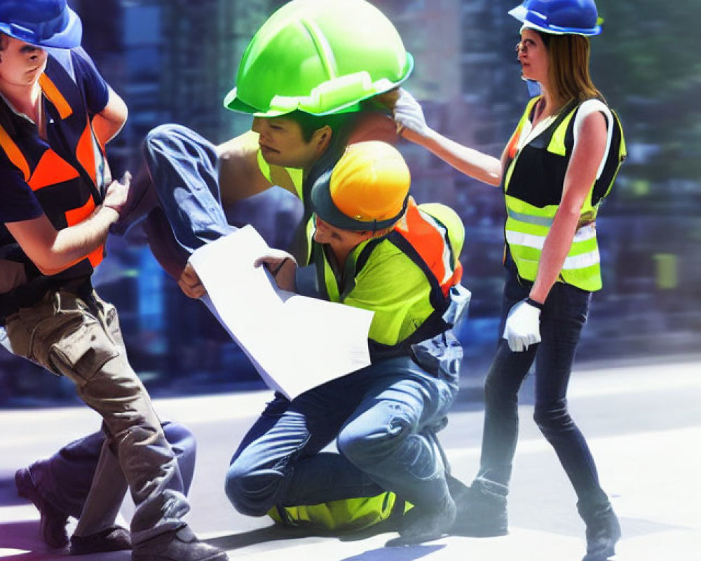 Urban construction workers in safety vests and helmets reviewing plans