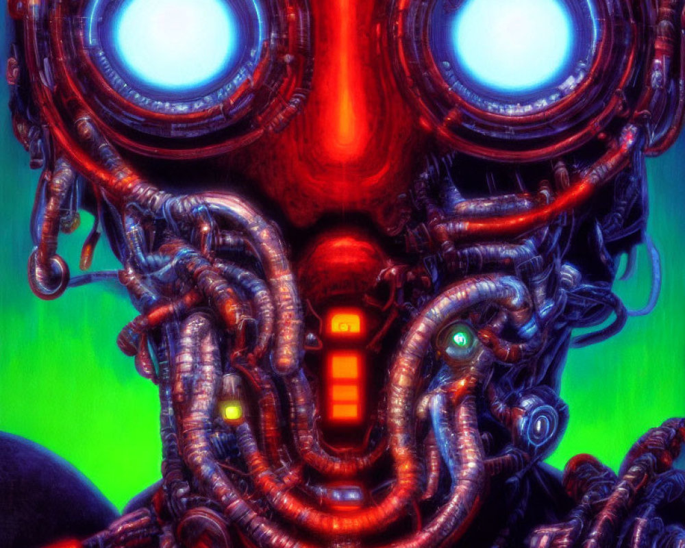 Colorful Robot with Intricate Wiring and Glowing Eyes in Red and Green