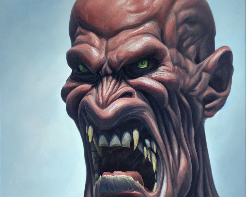 Detailed painting of snarling creature with reddish-brown skin and glowing green eyes