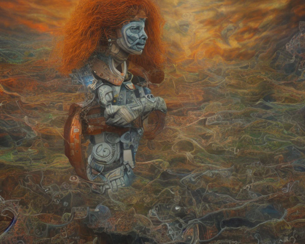 Digital artwork of figure in orange hair and white face paint in futuristic armor against swirling background