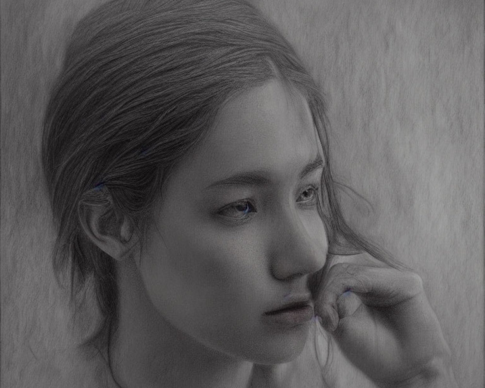 Detailed grayscale drawing of a thoughtful woman with hand on cheek