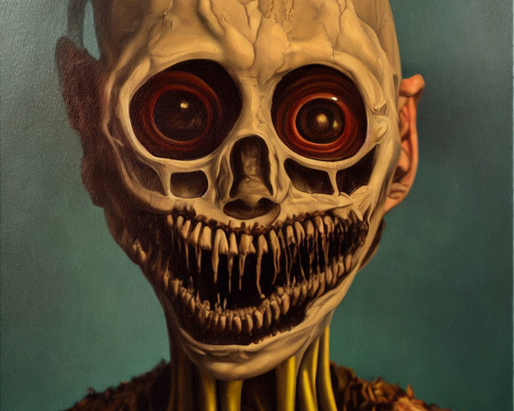 Skull painting with red eyes, exaggerated features, and yellow tendrils