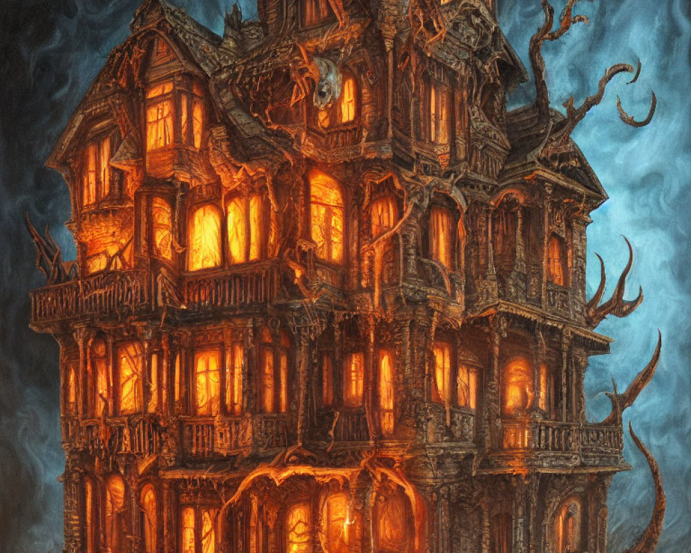 Spooky multistory haunted mansion at night with glowing windows