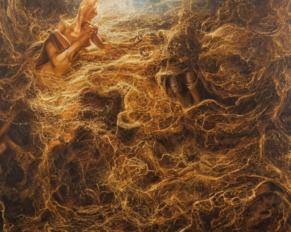 Surreal painting of figure in golden cosmic clouds