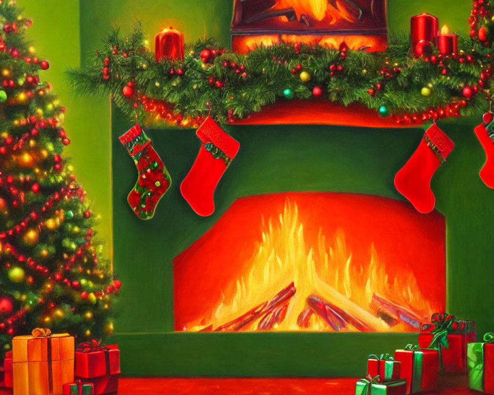 Cozy Christmas room with fireplace, stockings, tree, and gifts