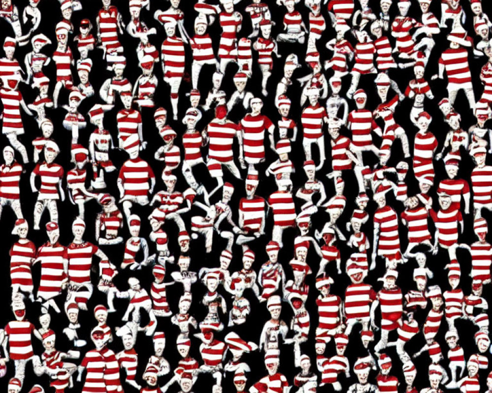 Repeated "Where's Waldo?" characters in chaotic poses on black background