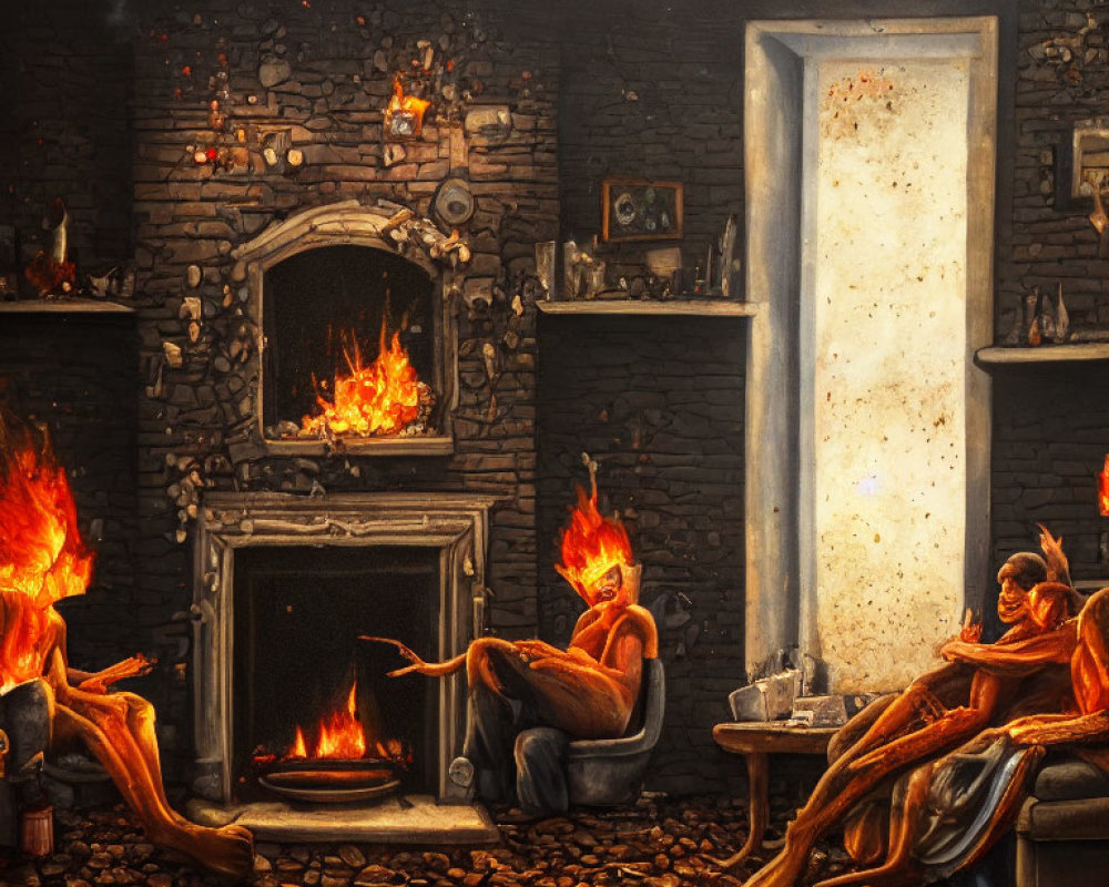 Surreal artwork of figures with flames for heads in a cozy room