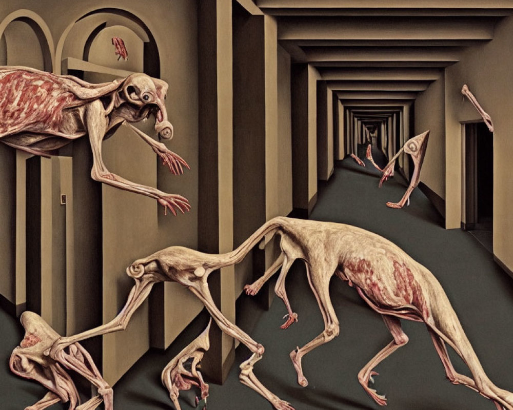 Surreal artwork of skeletal creatures in arch-lined hallway