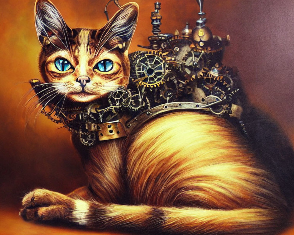 Steampunk-style cat with mechanical parts and blue eyes on textured background