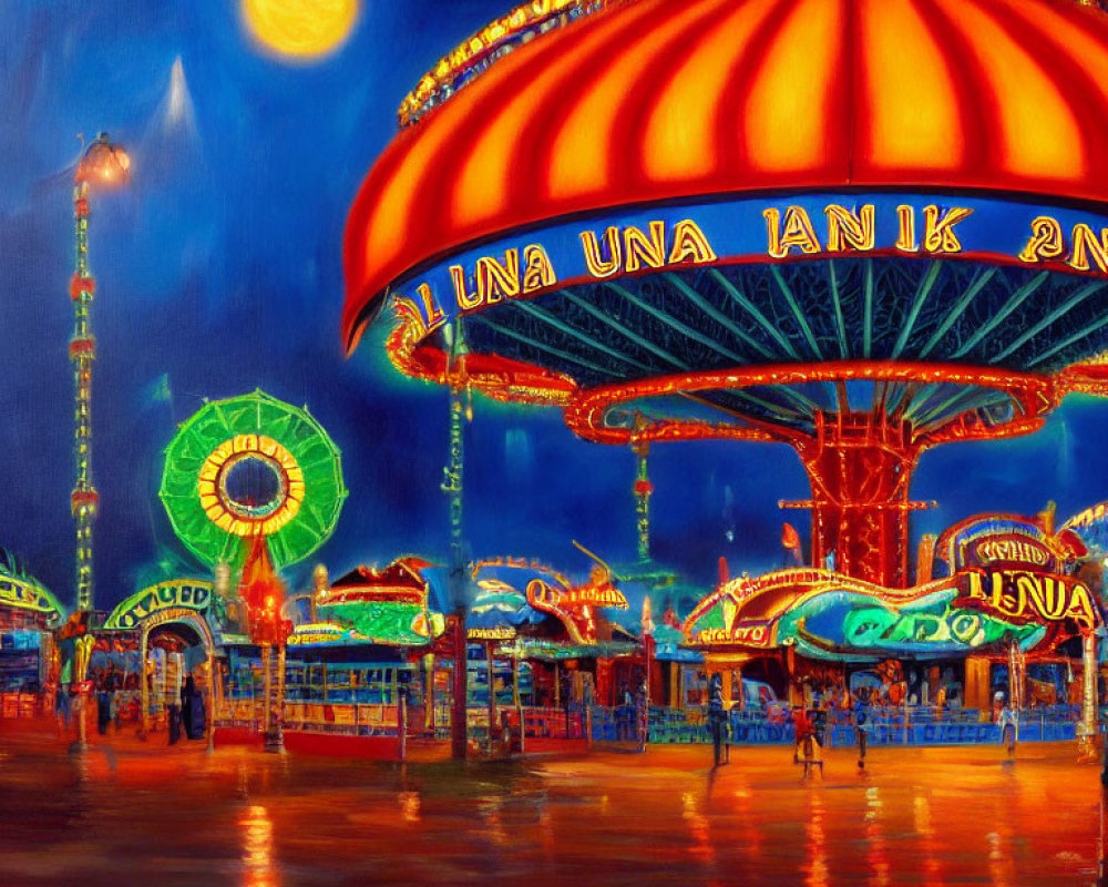 Colorful illuminated amusement park at night with Ferris wheel and vibrant atmosphere