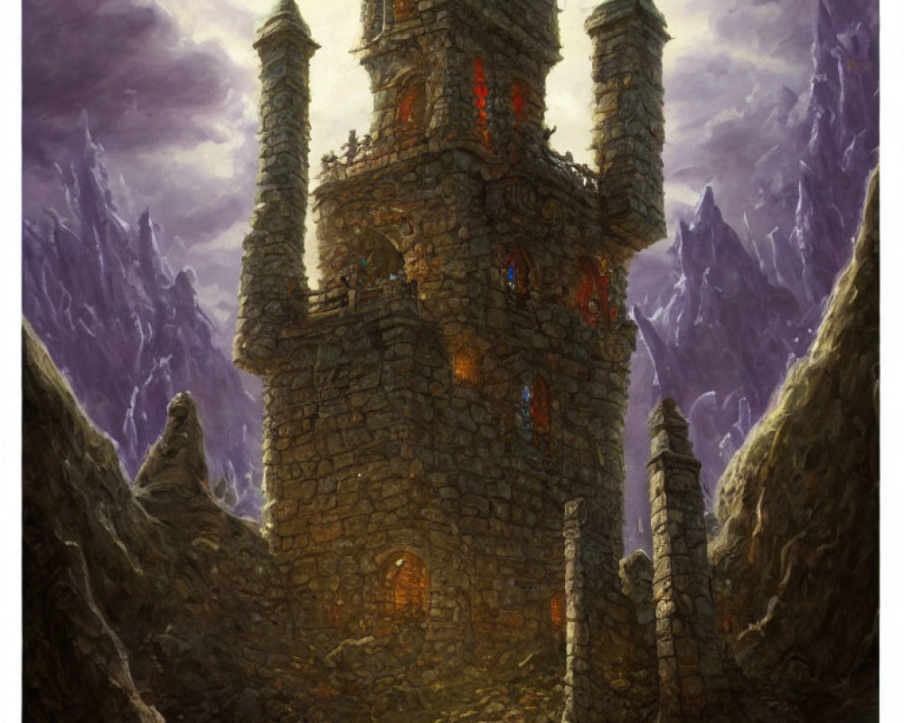 Stone tower surrounded by mountains under purple sky with glowing windows