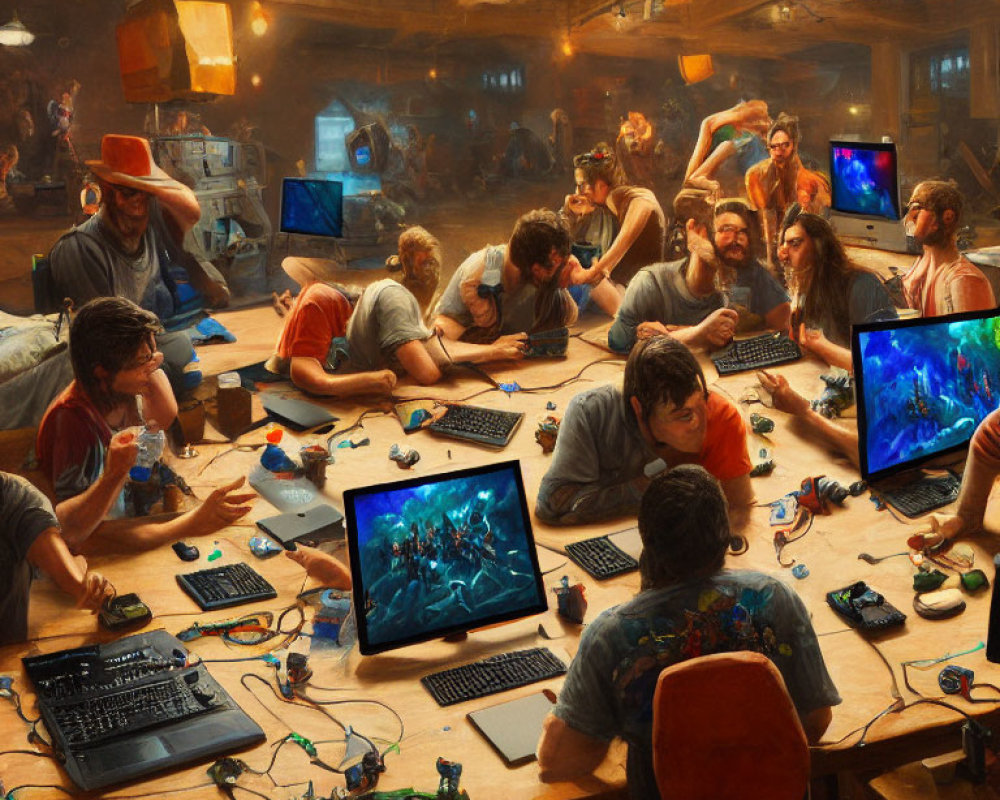 Crowded room with people gaming and chatting around computers in warm light