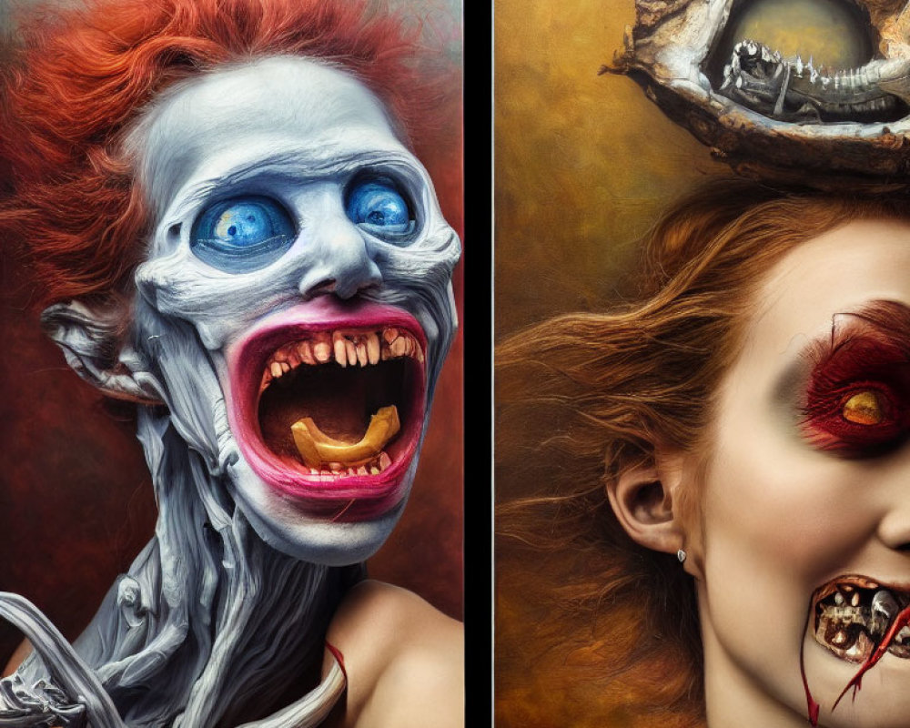 Surreal diptych: vivid portraits with exaggerated features and cavernous eye socket.