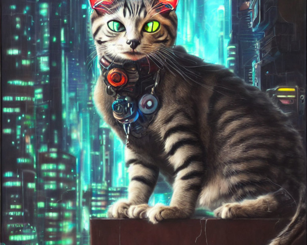 Cybernetic tabby cat with glowing eyes in futuristic cityscape