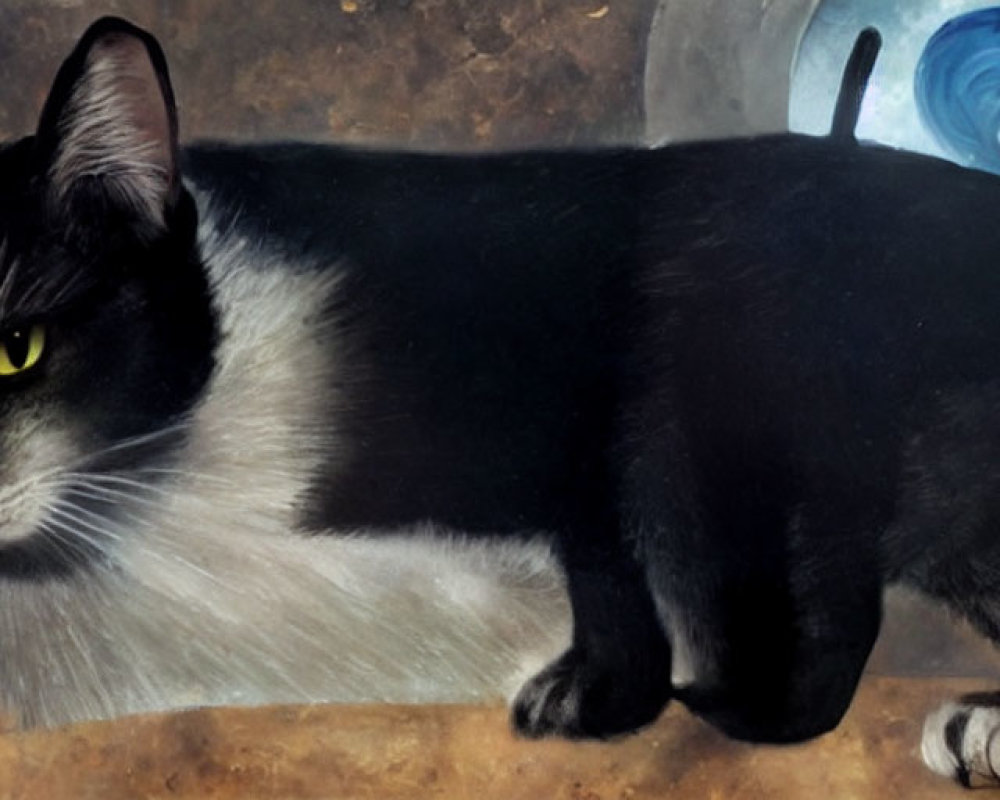 Black and White Cat with Green Eyes Next to Blue Swirl Object