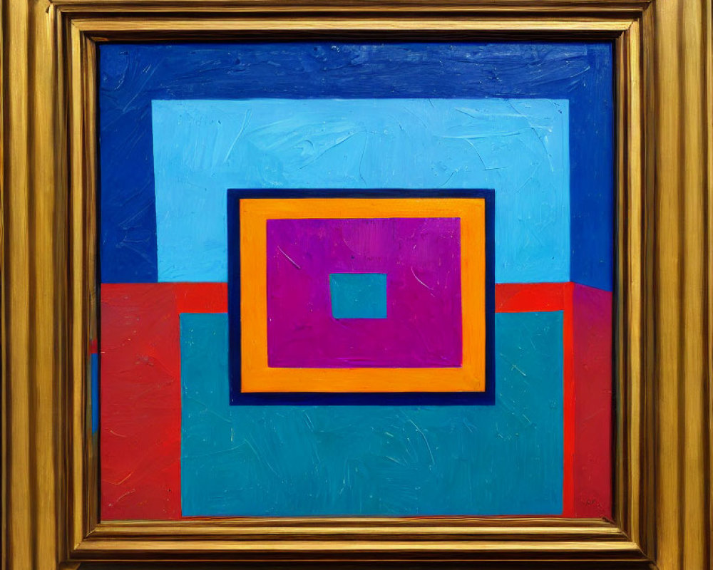 Colorful Abstract Painting with Geometric Shapes in Gold Frame