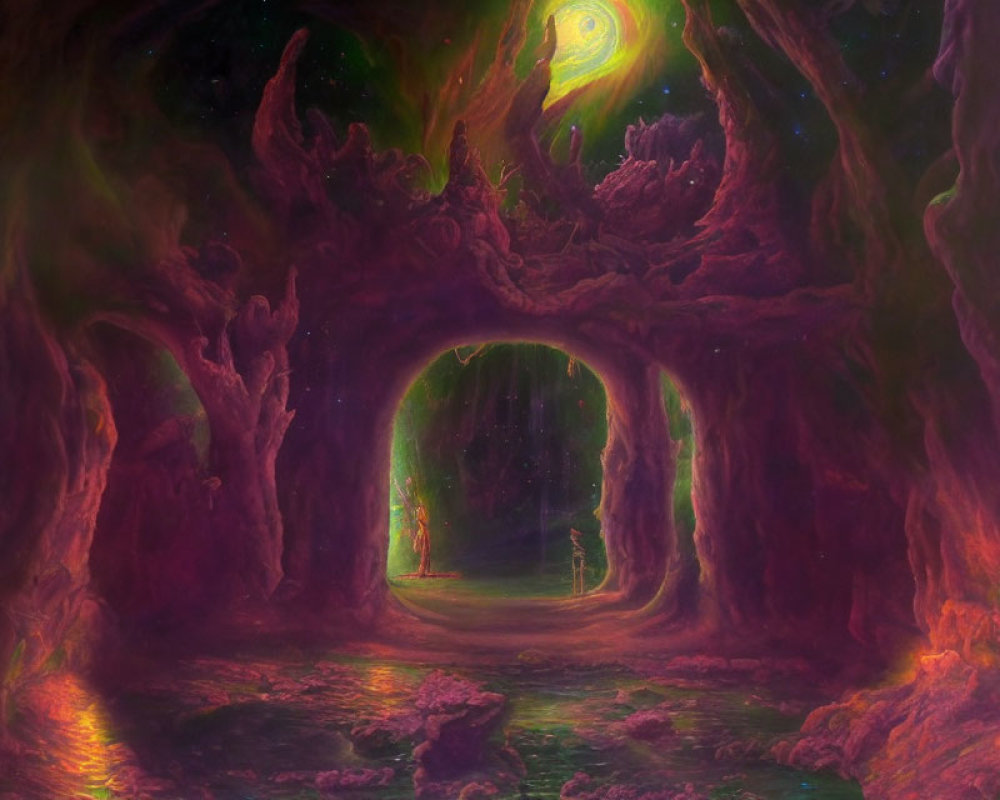 Surreal Cave with Silhouette Under Purple and Green Nebula Sky