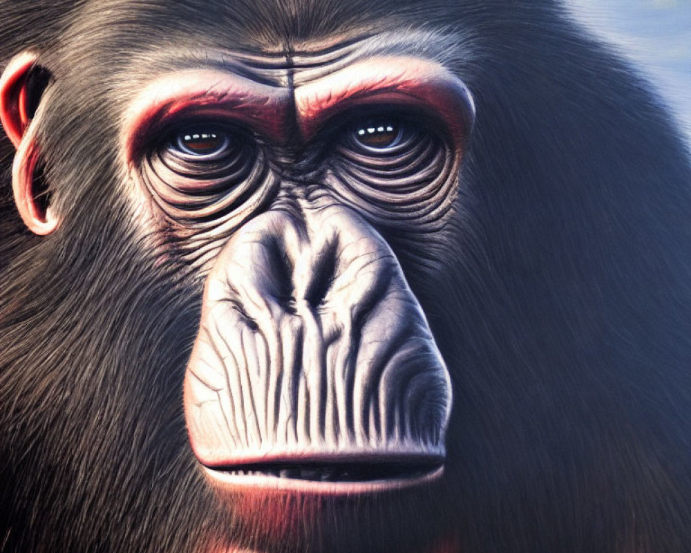 Detailed close-up portrait of gorilla with red eyes on neutral background