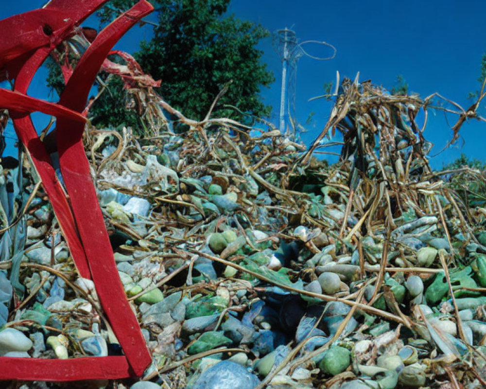 Debris and Trash with Red Broken Chair on Rocky Ground