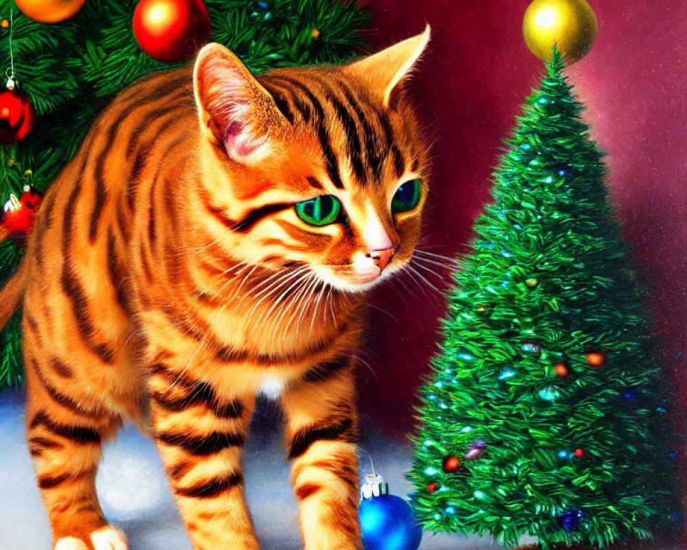 Orange Tabby Cat with Green Eyes Beside Christmas Tree