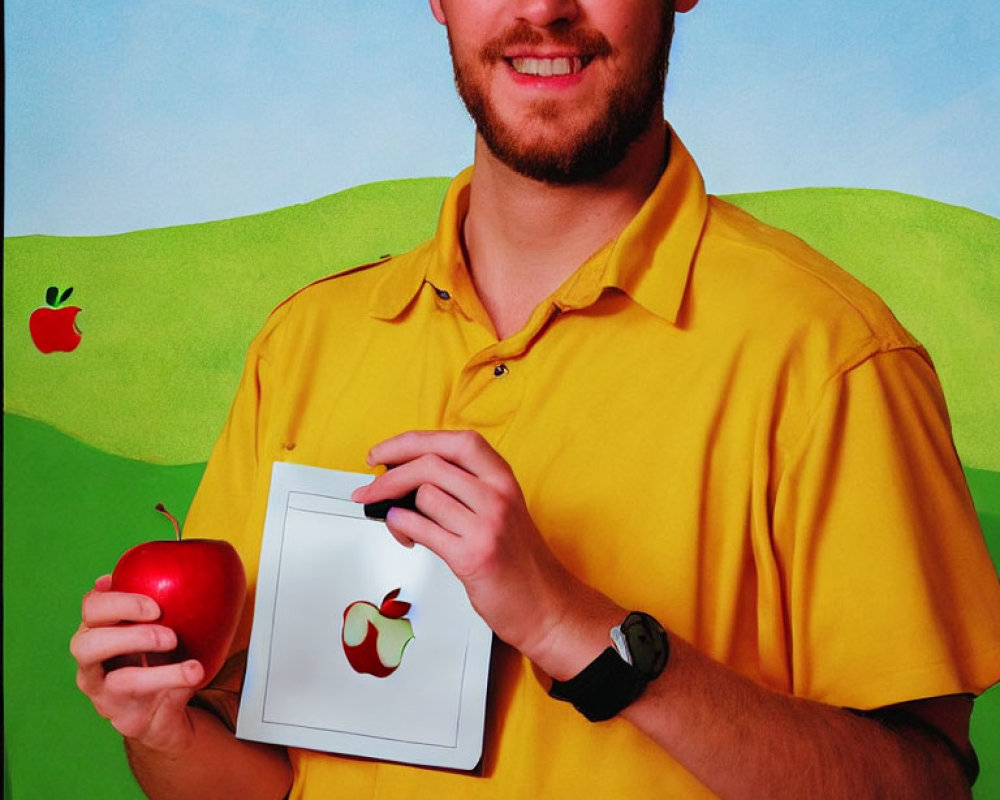 Man Smiling with Red Apple and Apple Logo iPad