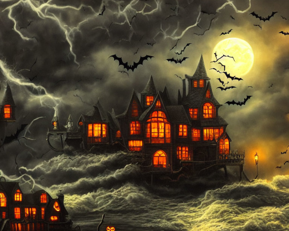 Gothic mansion with bats, full moon, and stormy sea at night