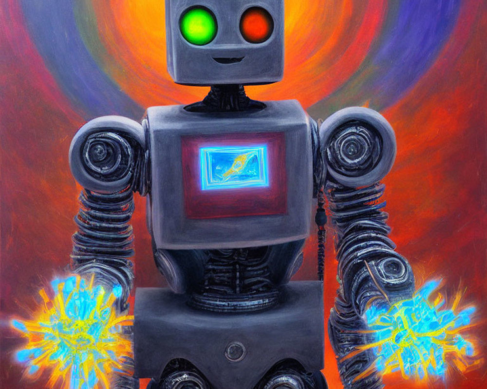 Square-headed robot with glowing eyes and cosmic chest screen on fiery background