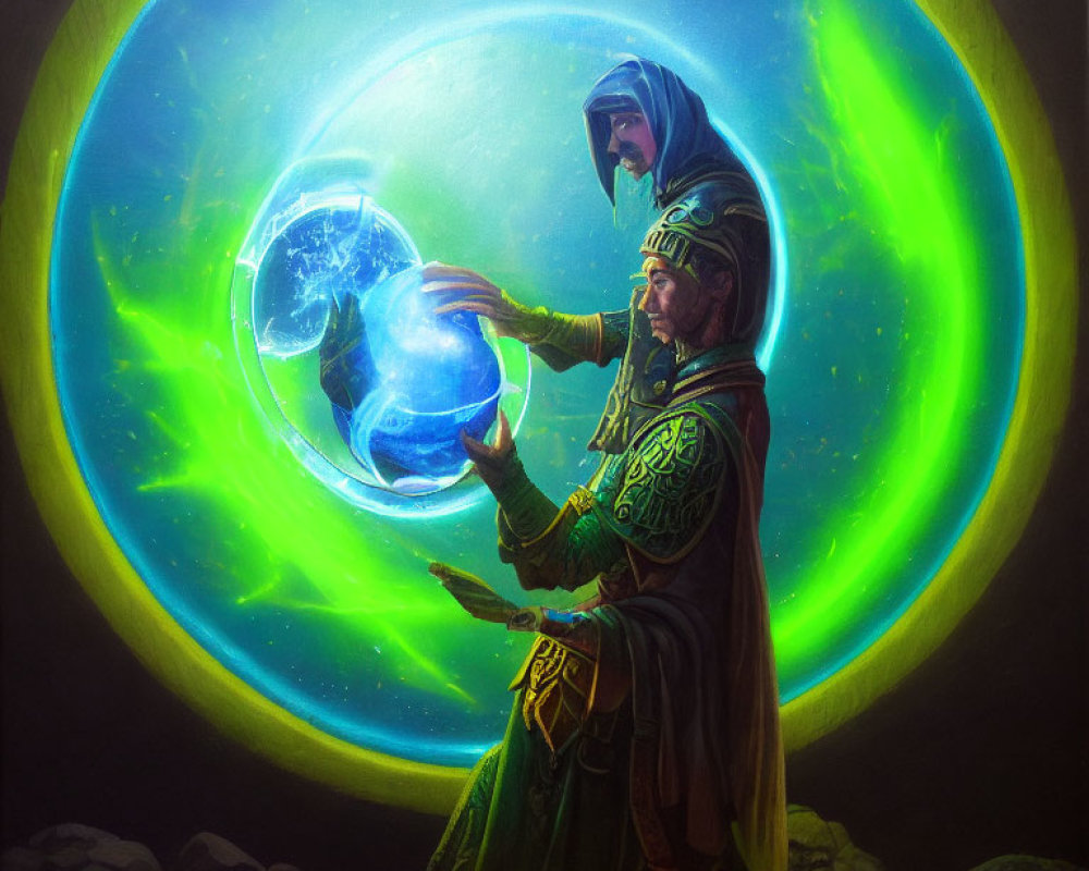 Cloaked Figures Conjuring Glowing Energy Orb in Green Halo