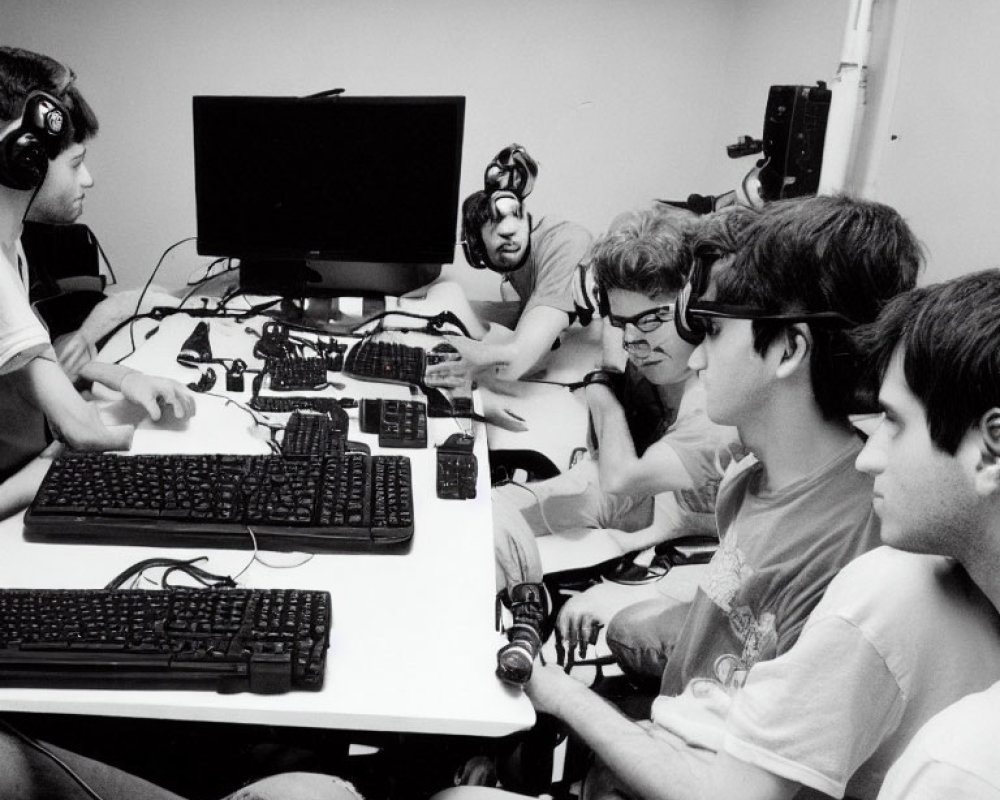 Group of Five Individuals with Headphones Gaming at Table