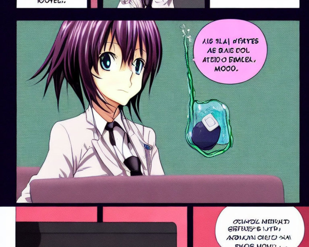 Vibrant comic panel: Female character with purple hair at desk, looking at viewer. Thoughtful