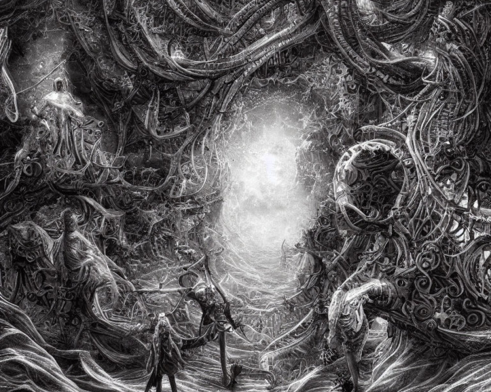 Monochrome fantastical artwork with alien tendrils and humanoid figures