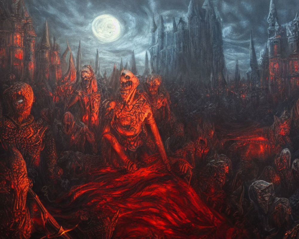 Dark fantasy scene: undead warriors, skeletal figure, red path, moonlit sky, ominous castles