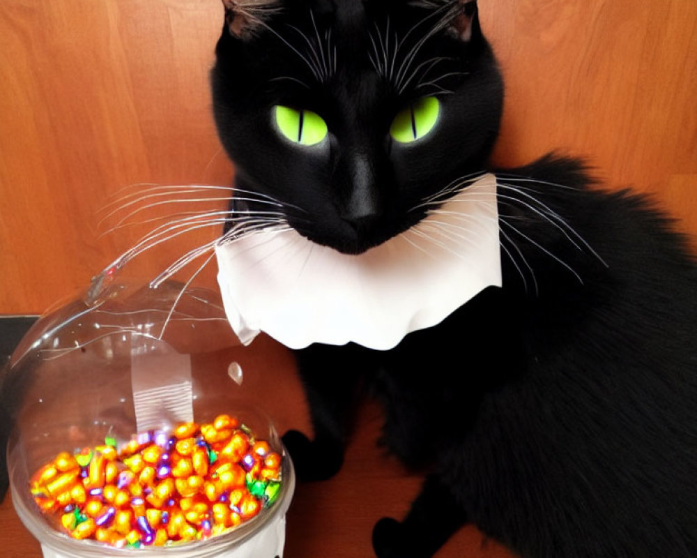 Black cat with green eyes and white collar beside colorful candies on wooden surface