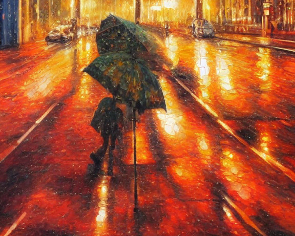 Night scene: Person with umbrella on rain-soaked, lit street