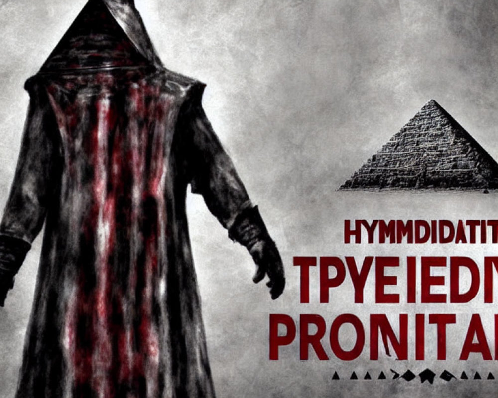 Hooded figure in blood-stained cloak at pyramid with cryptic symbols