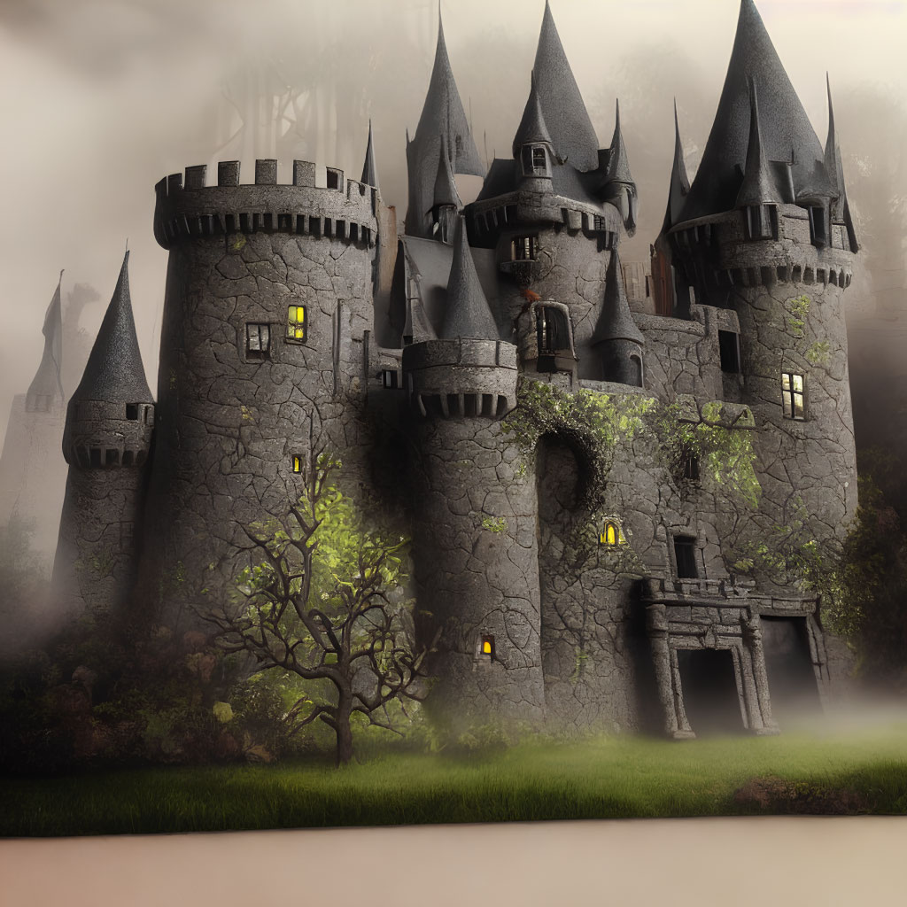 Mystical stone castle with towers in misty gloomy setting