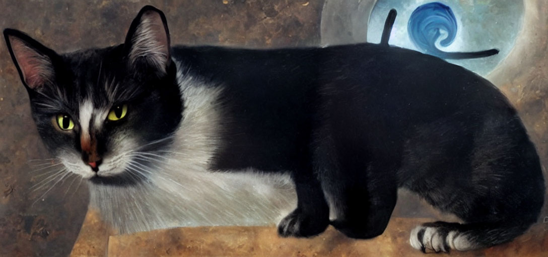 Black and White Cat with Green Eyes Next to Blue Swirl Object