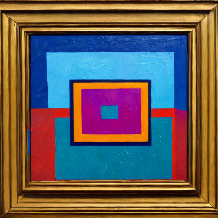 Colorful Abstract Painting with Geometric Shapes in Gold Frame