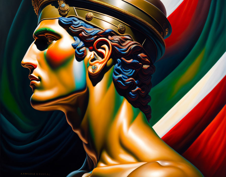 Classical bust with vibrant tricolor background and helmet portrait.