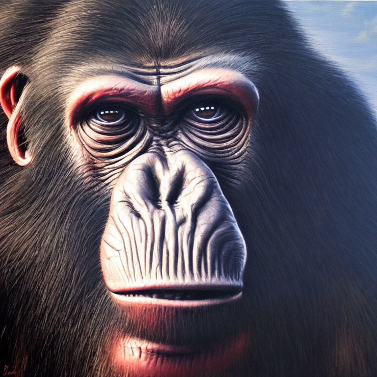 Detailed close-up portrait of gorilla with red eyes on neutral background