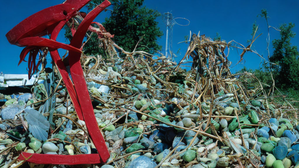 Debris and Trash with Red Broken Chair on Rocky Ground