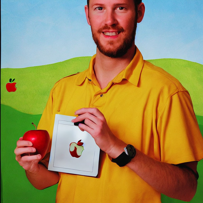 Man Smiling with Red Apple and Apple Logo iPad