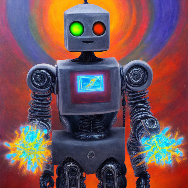 Square-headed robot with glowing eyes and cosmic chest screen on fiery background