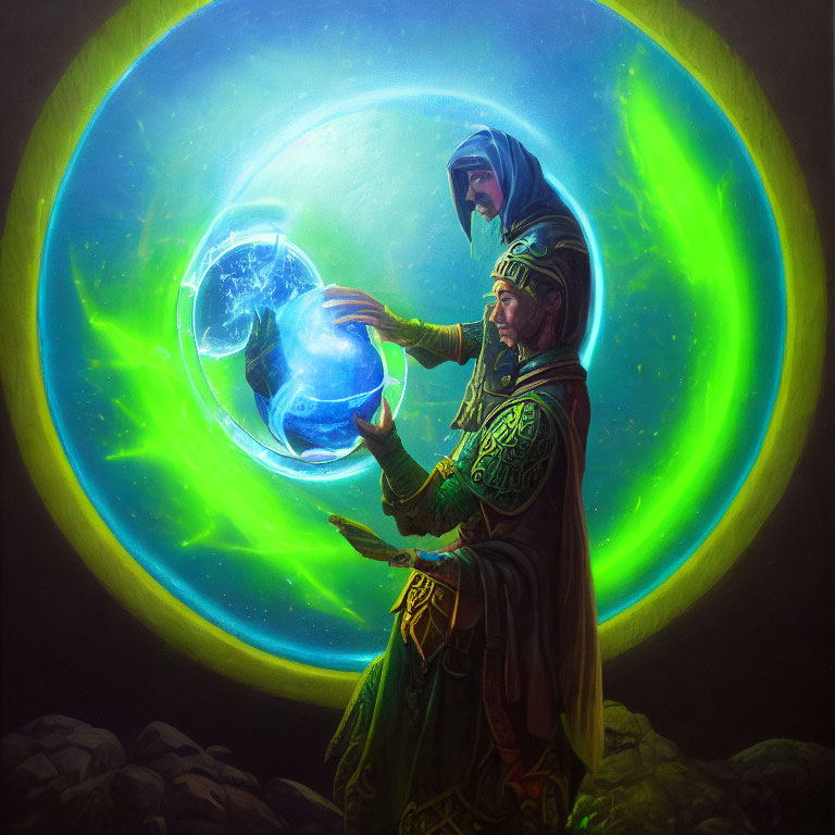 Cloaked Figures Conjuring Glowing Energy Orb in Green Halo