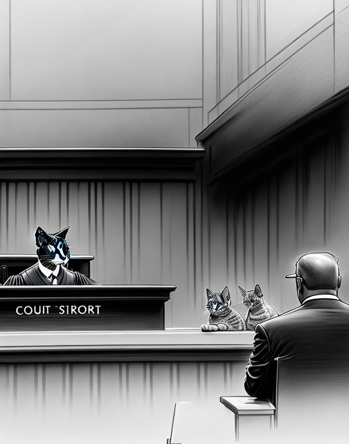 Surreal courtroom sketch with anthropomorphic cat judge